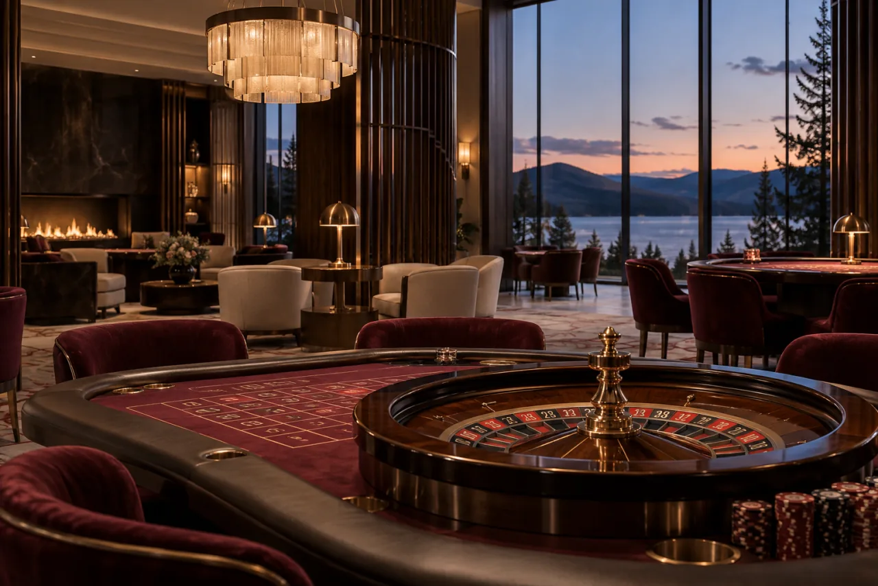 Roulette table beneath warm sculptural lighting in a refined casino salon