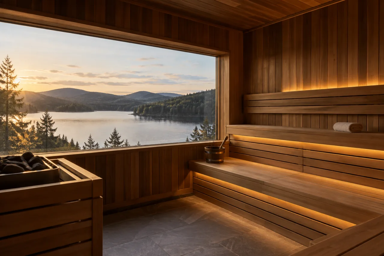 Warm cedar sauna overlooking a quiet Laurentian lake